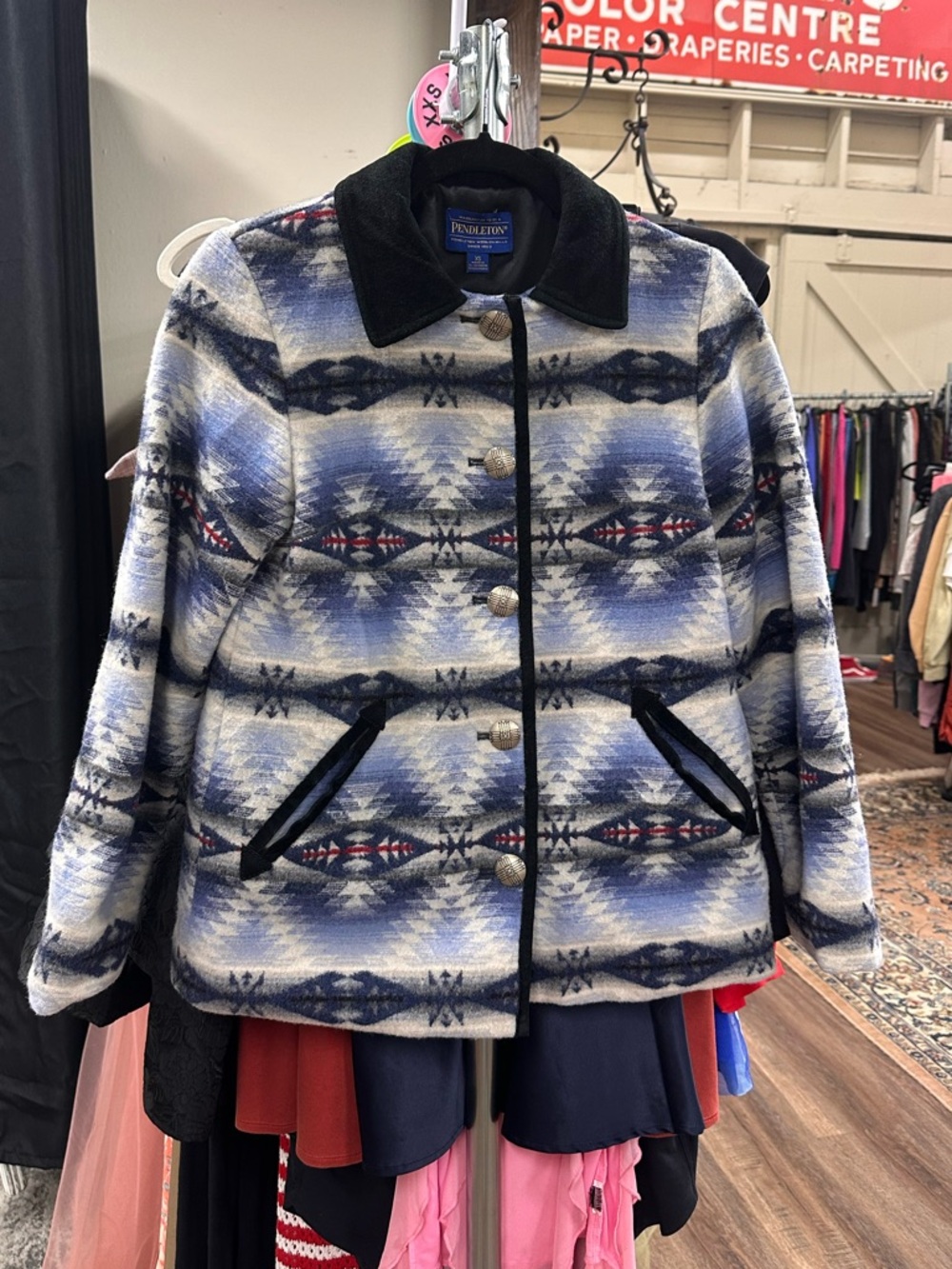 Pendleton 100% Virgin Wool western Aztec button up coat jacket blue white black